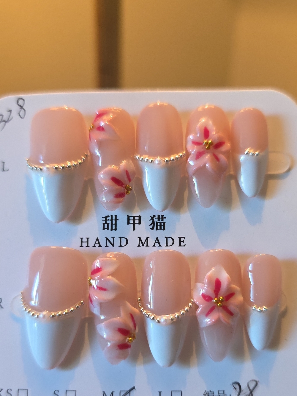 Hand Made Pink & White Floral Press-On Nail Set Size Med